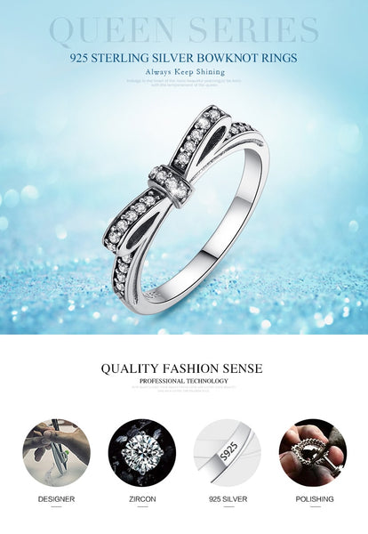Fashion European Authentic 100% 925 Sterling Silver Bow Knot Wedding Ring With Crystal Original Jewelry XCH7104