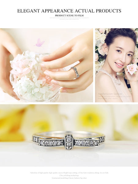 Fashion European Authentic 100% 925 Sterling Silver Bow Knot Wedding Ring With Crystal Original Jewelry XCH7104