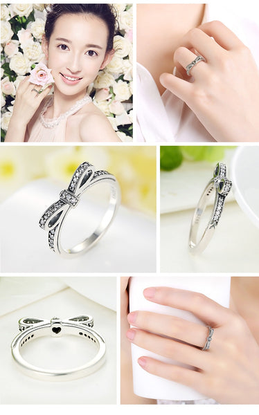 Fashion European Authentic 100% 925 Sterling Silver Bow Knot Wedding Ring With Crystal Original Jewelry XCH7104