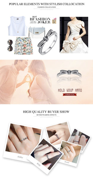Fashion European Authentic 100% 925 Sterling Silver Bow Knot Wedding Ring With Crystal Original Jewelry XCH7104