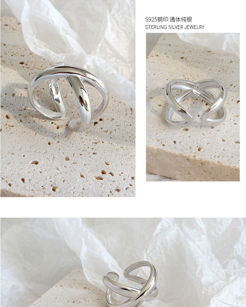 100% 925 Sterling Silver Geometric Simple Personality X-Shaped Dark Pattern Manual Opening Ring