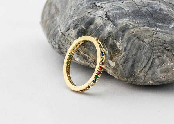 Colorful CZ Eternity Band Ring Thin Skinny Engagement Wedding Birthstone Rainbow Color Classic Simple Round Circle Finger Rings