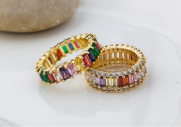 Colorful CZ Eternity Band Ring Thin Skinny Engagement Wedding Birthstone Rainbow Color Classic Simple Round Circle Finger Rings