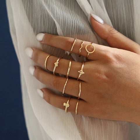 11 Pcs/Set Simple Design Round Gold Color Rings Set For Women Handmade Geometry Finger Ring Set Female Jewelry Gifts