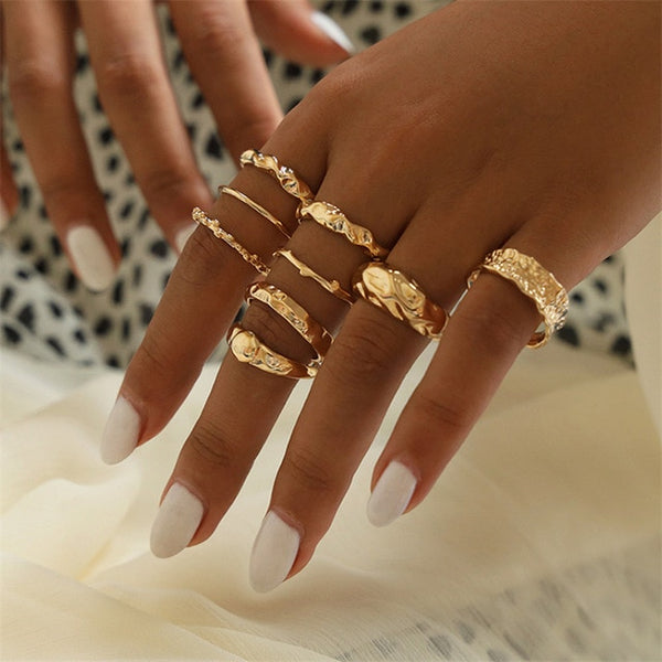 11 Pcs/Set Simple Design Round Gold Color Rings Set For Women Handmade Geometry Finger Ring Set Female Jewelry Gifts