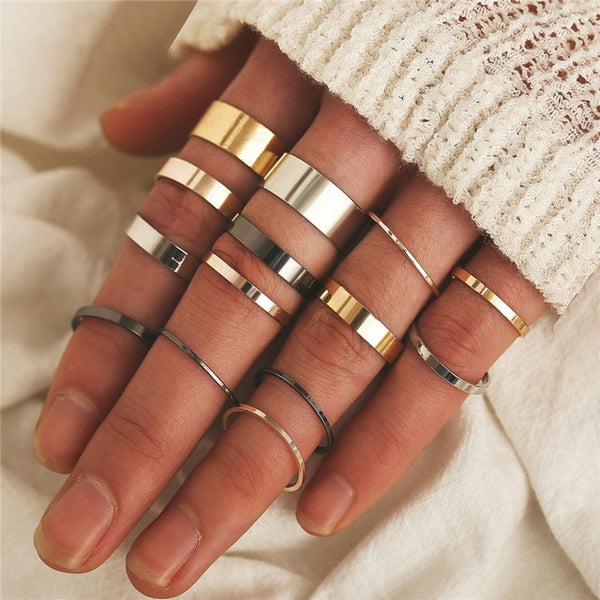 11 Pcs/Set Simple Design Round Gold Color Rings Set For Women Handmade Geometry Finger Ring Set Female Jewelry Gifts