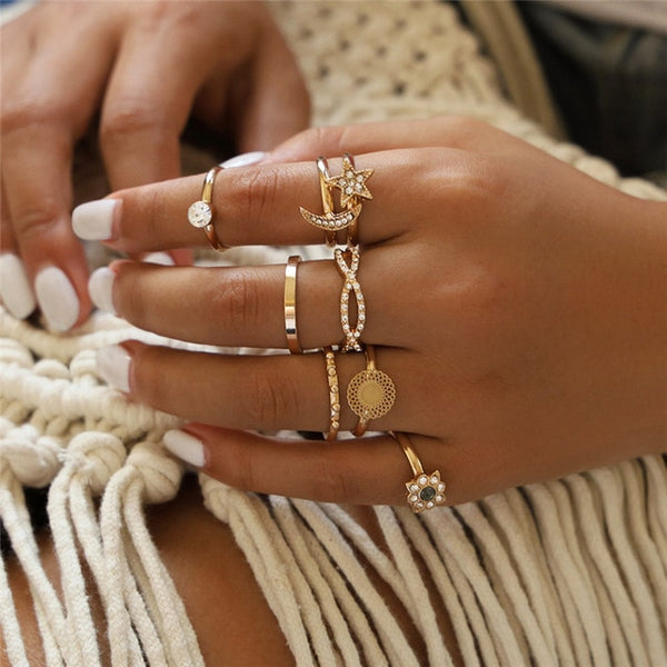 11 Pcs/Set Simple Design Round Gold Color Rings Set For Women Handmade Geometry Finger Ring Set Female Jewelry Gifts