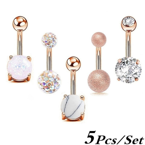 5Pcs/set  Women Navel Button Rings Rose Gold Silver Medical Steel Rhinestone Sexy Belly Navel Piercing Ring Body Jewelry