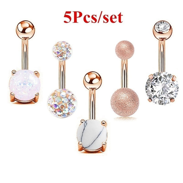 5Pcs/set  Women Navel Button Rings Rose Gold Silver Medical Steel Rhinestone Sexy Belly Navel Piercing Ring Body Jewelry