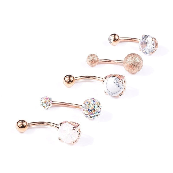 5Pcs/set  Women Navel Button Rings Rose Gold Silver Medical Steel Rhinestone Sexy Belly Navel Piercing Ring Body Jewelry