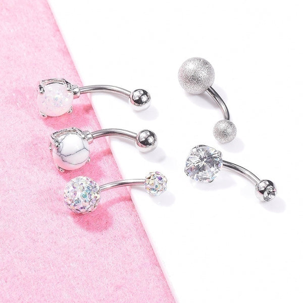 5Pcs/set  Women Navel Button Rings Rose Gold Silver Medical Steel Rhinestone Sexy Belly Navel Piercing Ring Body Jewelry