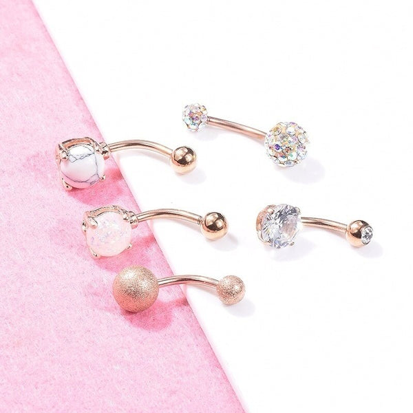 5Pcs/set  Women Navel Button Rings Rose Gold Silver Medical Steel Rhinestone Sexy Belly Navel Piercing Ring Body Jewelry