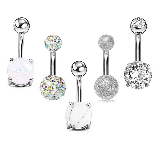 5Pcs/set  Women Navel Button Rings Rose Gold Silver Medical Steel Rhinestone Sexy Belly Navel Piercing Ring Body Jewelry