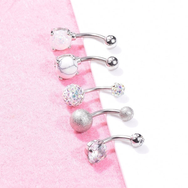 5Pcs/set  Women Navel Button Rings Rose Gold Silver Medical Steel Rhinestone Sexy Belly Navel Piercing Ring Body Jewelry