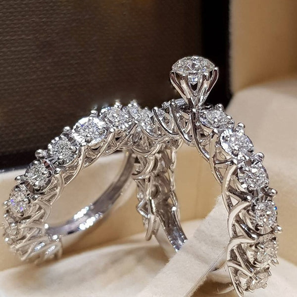 2Pcs Bridal Set Elegant rings for Women Sliver Color Wedding Engagement fashion Jewelry With Full Shiny Cubiz Zircon female ring