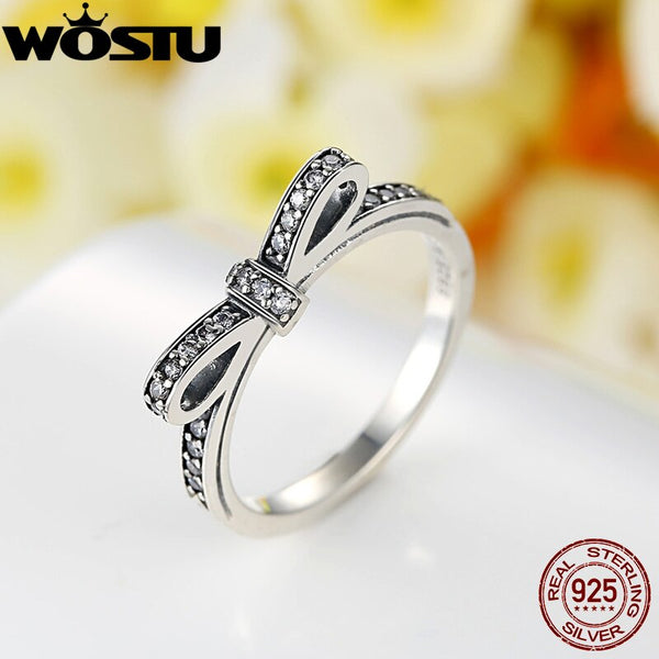 Fashion European Authentic 100% 925 Sterling Silver Bow Knot Wedding Ring With Crystal Original Jewelry XCH7104
