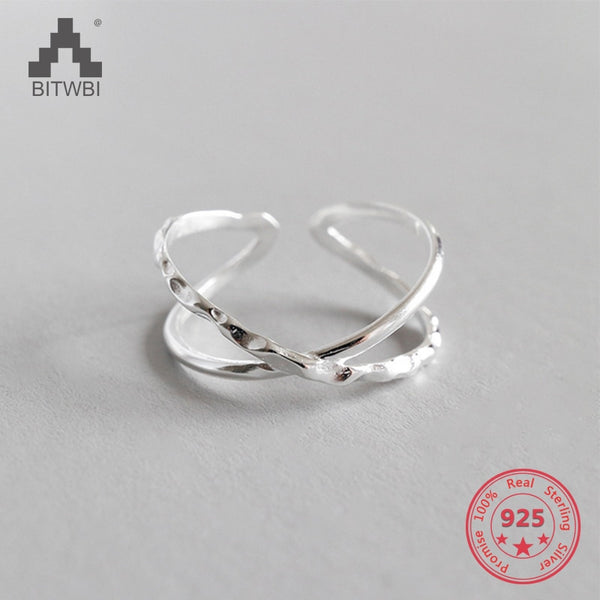 100% 925 Sterling Silver Geometric Simple Personality X-Shaped Dark Pattern Manual Opening Ring