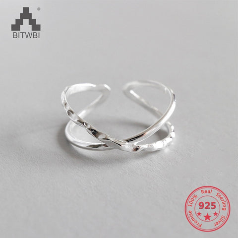 100% 925 Sterling Silver Geometric Simple Personality X-Shaped Dark Pattern Manual Opening Ring