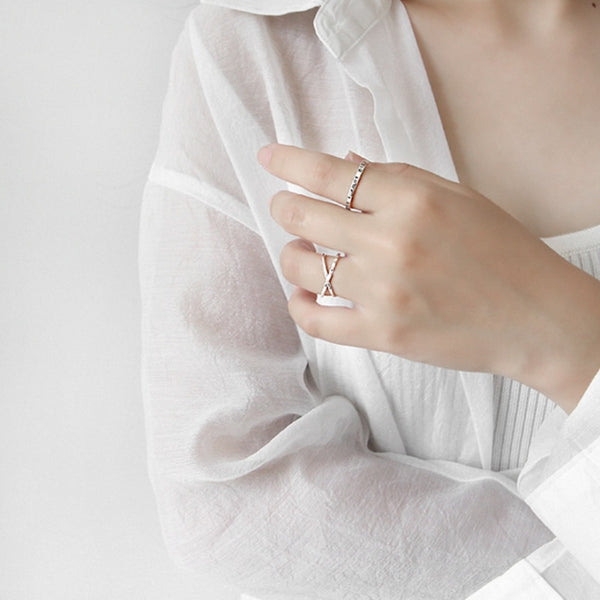 100% 925 Sterling Silver Geometric Simple Personality X-Shaped Dark Pattern Manual Opening Ring