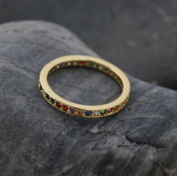 Colorful CZ Eternity Band Ring Thin Skinny Engagement Wedding Birthstone Rainbow Color Classic Simple Round Circle Finger Rings